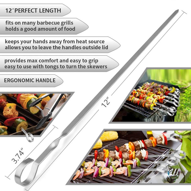 LANNEY Skewers for Kabobs, 12" Metal Kebab Skewers for Grilling Flat Long Stainless Steel Kabob Sticks Reusable Grill Shish BBQ Barbecue Sticks for Meat Chicken Vegetable Shrimp, 12 Pack - Image 4
